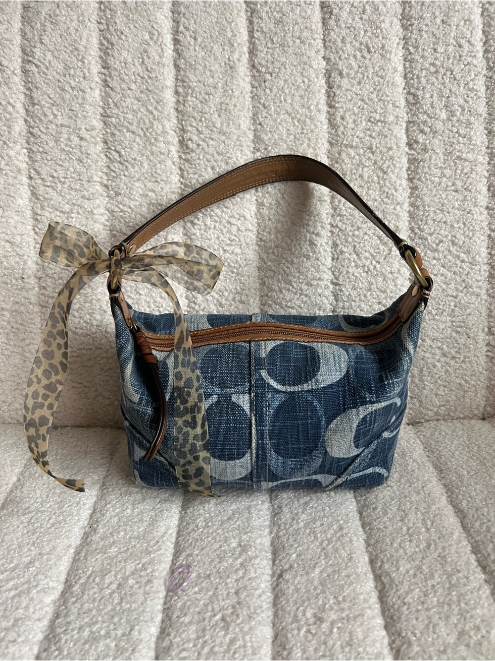 Vintage Coach Blue Signature Denim Shoulder Bag with Brown Leather Trim